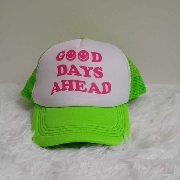 Source Unknown Accessories - *NWOT Neon Green Pink & White "Good Days Ahead" Fun Summer Retro Trucker Hat